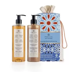 Набір для відновлення тіла та зміцнення волосся Prija, в екопакуванні з бавовни (Відновлювальна крем-піна для душу та ванни з женьшенем 380 мл + Зміцнювальний шампунь 380 мл)