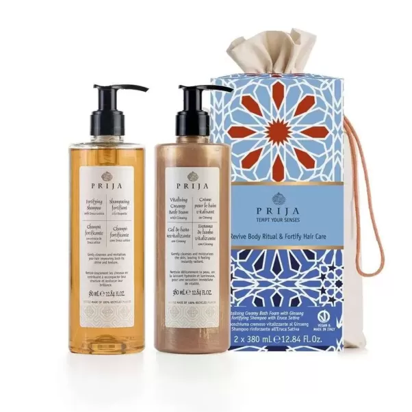 Набір для відновлення тіла та зміцнення волосся Prija, в екопакуванні з бавовни (Відновлювальна крем-піна для душу та ванни з женьшенем 380 мл + Зміцнювальний шампунь 380 мл)